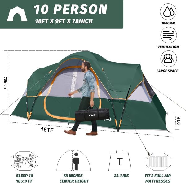 UNP Camping Tent 10-Person-Family Tents, Parties, Music Festival Tent, Big, Easy Up, 5 Large Mesh Windows, Double Layer, 2 Room, Waterproof, Weather Resistant, 18ft x 9ft x78in - Image 2